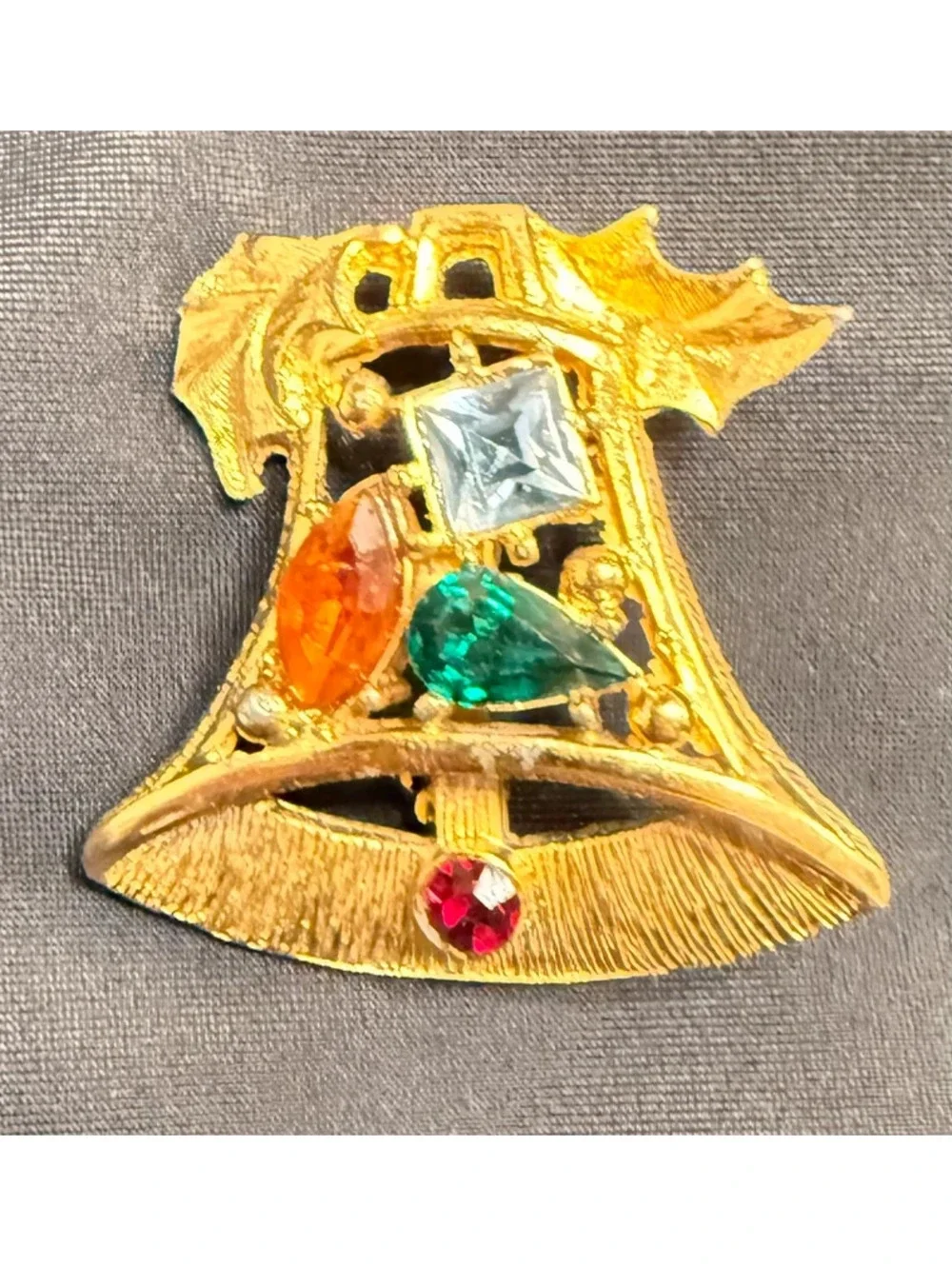 Vintage Christmas Bell Brooch Gold Tone with Rhinestone Colorful Holiday Jewelry